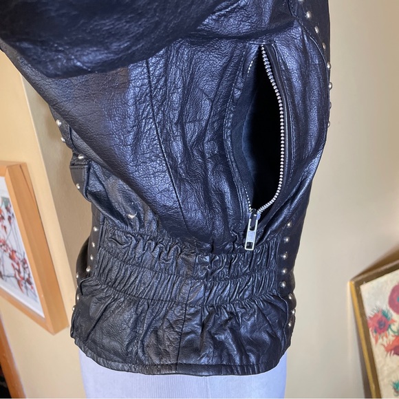 Vintage 80s Black Leather Jacket STUD Zip-Front YKK Silver HW Rock-N-Roll Biker - Picture 14 of 16